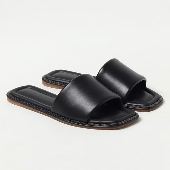 BRUNELLO CUCINELLI Leather Slides Sandals with Monili Trim in Black Size 39 - Picture 1 of 6